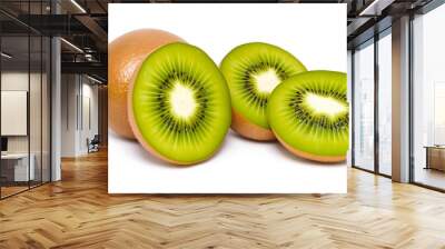 Sliced kiwi fruit with green flesh and black seeds, on a white background Wall mural