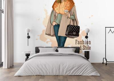 Fashion vector illustration. Hand drawn sketch. Stylish woman in fashion clothes with bag and cup of coffee. Dressed in trousers and coats. Wall mural