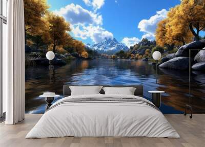 3D-rendered scenic lake surrounded by trees and mountains, with dynamic reflections and water effects creating a lifelike digital environment Wall mural