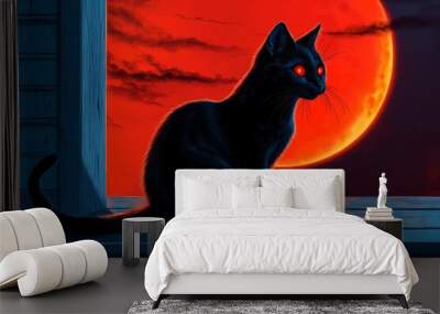 A black cat with glowing red eyes sitting on a haunted porch, its shadow stretching ominously under the blood-red moon, in a black cat fantasy artwork illustration Wall mural