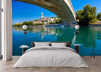 A boat tour gliding down the RhÃ´ne River, with the city of Avignon slowly coming into view, framed by the bridge and towering cathedral Wall mural