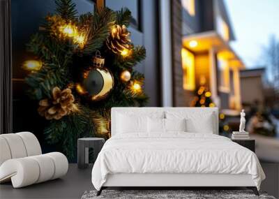 A Christmas wreath lit by small white lights, hanging on the front door, softly glowing in the evening light Wall mural