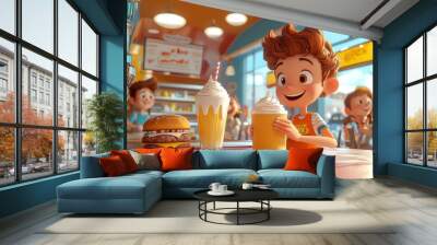 A classic cartoon diner scene, with characters enjoying milkshakes and burgers, all drawn in a groovy, exaggerated style with a retro feel Wall mural