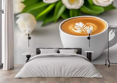 A close-up of a single cup of coffee on a clean table, with no distractions, emphasizing simplicity and focus Wall mural