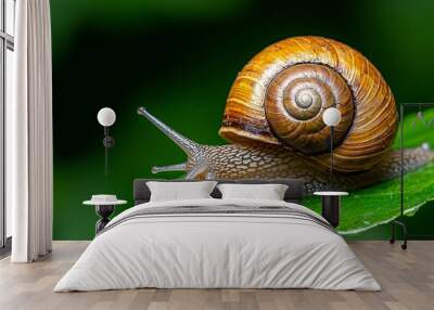 A close-up of a snail crawling on a leaf, representing the slow, delicate balance of nature Wall mural