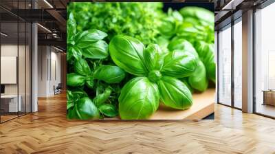 A close-up of fresh herbs, such as basil, cilantro, and rosemary, laid out on a cutting board Wall mural