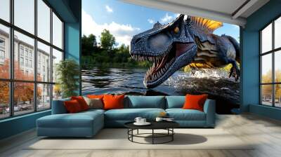 A colossal Spinosaurus emerging from a lake, its sail towering above the water as it hunts for fish with precision Wall mural