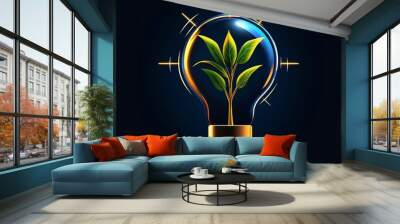 A creative light bulb with a green plant inside, symbolizing innovation and sustainability in technology and nature. Wall mural