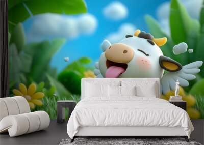 A cute 3D cartoon of a cow with tiny wings, tongue sticking out as it dreams of flying over a lush green meadow Wall mural