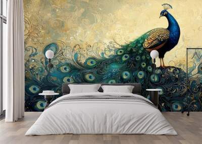 A decorative illustration of a peacock with intricate feathers and swirling patterns, typical of the Art Nouveau style, capturing both elegance and natural beauty Wall mural