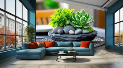 A decorative springstone bowl, filled with pebbles and small plants, serving as a natural centerpiece for a dining table Wall mural