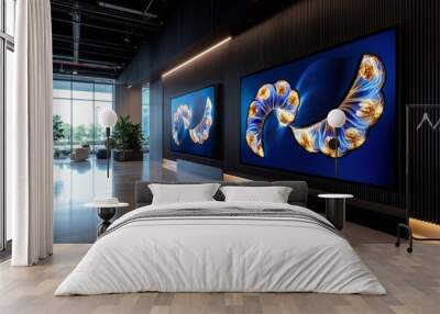 A digital art installation on multiple LED screens, showcasing a continuously evolving artwork in the lobby of a tech company Wall mural