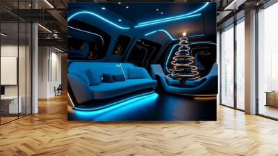 A futuristic holiday decoration with neon lights in the shape of a Christmas tree, set in a sleek, modern room with metallic surfaces Wall mural