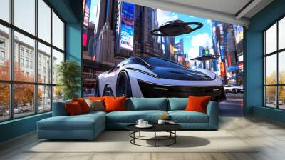 A futuristic urban scene, with flying cars, towering buildings, and holographic billboards Wall mural