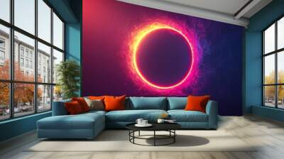 A graphic design featuring a circular shape with a grainy gradient effect, shifting from hot pink in the center to dark purple on the edges, creating a dynamic and eye-catching visual Wall mural