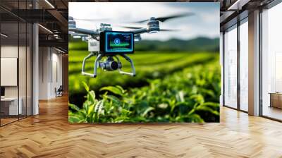 A high-tech tea plantation with holographic displays monitoring plant growth, where farmers use drones to manage the harvest in a seamless blend of agriculture and technology Wall mural