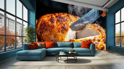 A hyper-realistic close-up of a person cutting into a roasted chicken, with golden skin, juicy meat, and steam rising from the cut Wall mural