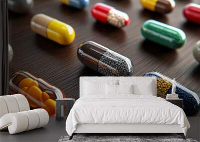 A hyper-realistic depiction of various vitamin capsules on a wooden surface, with each supplement's texture, color, and shape captured in detail Wall mural