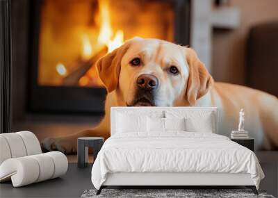 A Labrador Retriever lying peacefully by a fireplace, its fur glowing in the warm light Wall mural