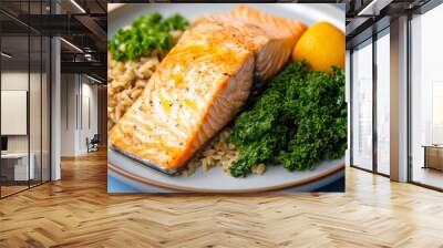 A light and balanced meal with baked salmon, steamed kale, and brown rice, drizzled with olive oil for a nutritious and wholesome dish. Wall mural