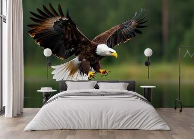 A majestic eagle swooping down to catch a fish from a calm lake, its talons just touching the water Wall mural