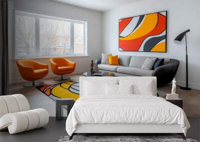 A modern living room with bold artwork, a statement rug, and contemporary furniture Wall mural