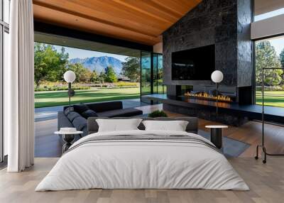 A modern springstone fireplace, with sleek, polished stone framing the hearth, blending nature and contemporary design Wall mural