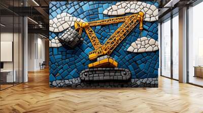 A mosaic of an industrial crane lifting heavy materials, symbolizing progress, construction, and the creation of the future Wall mural