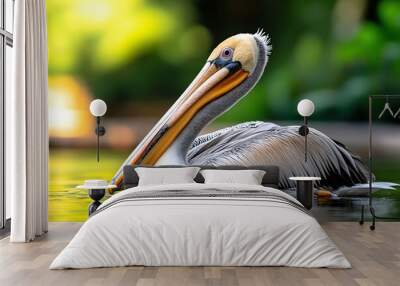 A pelican resting on the water with a bulging beak, fresh from catching a large fish Wall mural