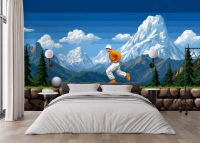 A pixel art character taking action by jumping across platforms in a retro video game landscape, dodging enemies and collecting items Wall mural