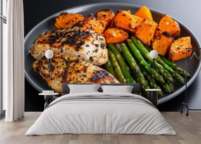 A plate of grilled chicken with roasted sweet potatoes and asparagus, showing a simple, healthy, and delicious meal Wall mural