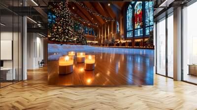 A postcard of a Christmas Eve church service, with glowing candles, holiday hymns, and snow falling outside the stained-glass windows Wall mural