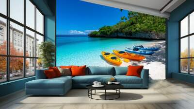 A secluded cove on a paradise island, with kayaks and paddleboards lined up on the beach, ready for an adventurous day on the water Wall mural