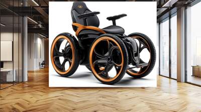 A sleek powered wheelchair set against a simple white background, emphasizing its modern design Wall mural