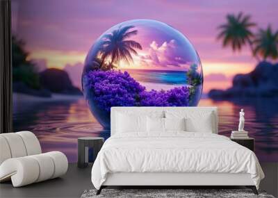 A surreal water orb reflecting a lush tropical island with purple and blue flowers, glowing under the soft light of a pink and orange sunset Wall mural