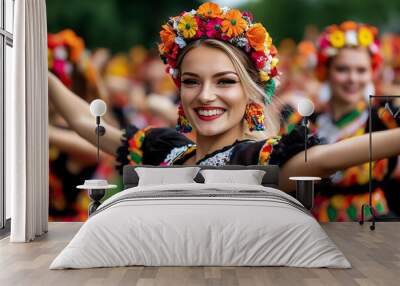 A traditional Latvian folk dance performance, with dancers in vibrant costumes celebrating their cultural heritage Wall mural