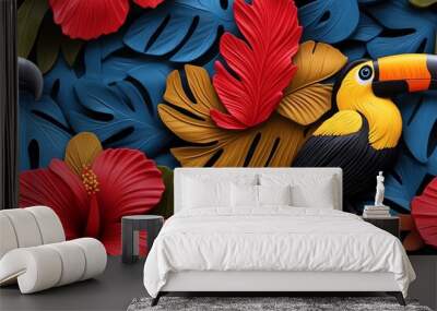 A vibrant tropical design featuring hibiscus flowers, palm leaves, and toucans in bright, bold colors, creating a fun vacation vibe Wall mural