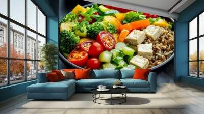 A vibrant vegetable stir-fry with tofu and a side of brown rice, highlighting a plant-based meal full of flavor and nutrition Wall mural