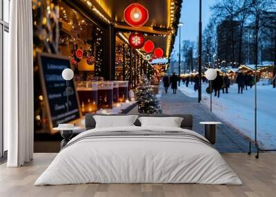 A winter night at the Helsinki Christmas Market, with festive lights, mulled wine, and local crafts Wall mural