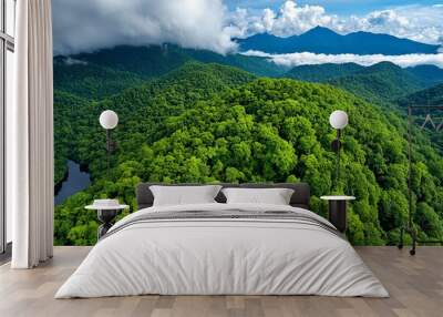 Aerial view, forest and mountain range, natural majesty highlights the rugged beauty of natureâ€™s design Wall mural