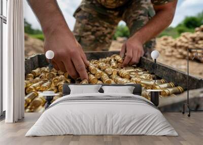 Ammo crate being pried open to reveal rows of freshly packed rounds, ready for distribution to the front lines Wall mural