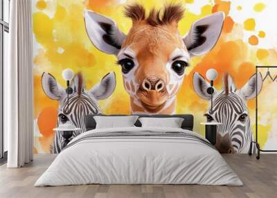 An adorable baby giraffe and two zebras, with wide, curious eyes, set against a background of bright yellow and orange watercolor splashes Wall mural