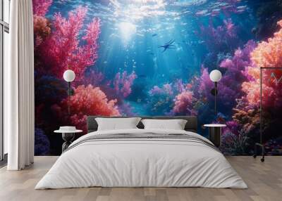 An underwater scene where fish, corals, and seaweed have a 3D glowing effect, bringing a magical and vibrant life to the deep sea Wall mural