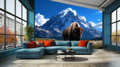 Bison in their natural environment, depicted in an artwork that blends the rugged beauty of the landscape with the majestic presence of these powerful animals Wall mural