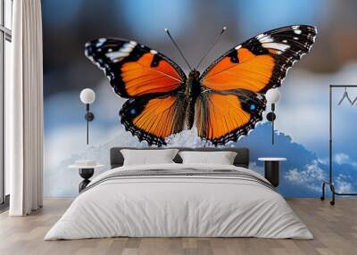 Butterfly in a snowy landscape, captured in a photo where the butterflyâ€™s vibrant colors pop against the stark white of the snow Wall mural