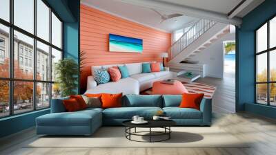 Calming coral tones in a quiet beach house, where natural light and soft colors create a peaceful retreat Wall mural