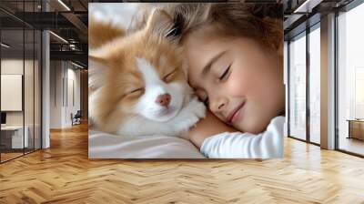 Children and pet, gentle hugs, warm affection create an unbreakable bond as they cuddle close, sharing comfort and love Wall mural