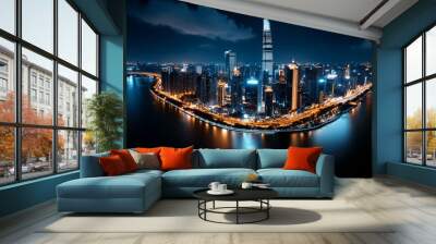 Evening city scenery, glowing lights, towering buildings showcase the vibrant life of the urban landscape Wall mural