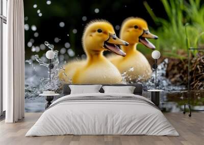 Farm animals such as ducks waddling around a small pond, splashing and quacking joyfully Wall mural