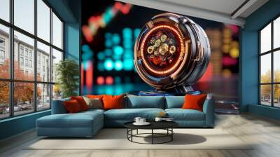 Futuristic scene with a digital debenture displayed in a neon-lit room, symbolizing the high-tech and reliable nature of futuristic investment agreements, symbolizing style and security Wall mural